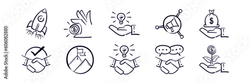 Collection of business management and financial doodle elements. Mission target, income, partnership, idea innovation, explore, agreement, profit, affiliation, negotiation, investment. Hand drawn icon photo