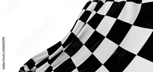 Checkered flag flying on blue background. Car race or motorsport rally flag. 3D wavy pattern background