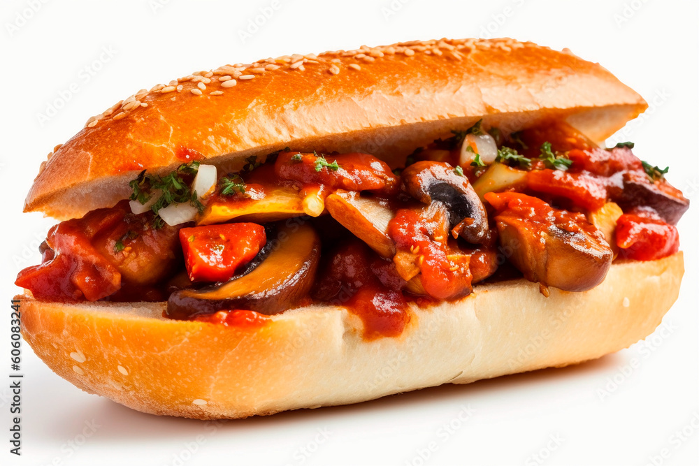 Delicious submarine mushrooms meat tomato sauce sandwich on a white background. Generative AI Delicious submarine mushrooms meat tomato sauce sandwich on a white background. Generative AI