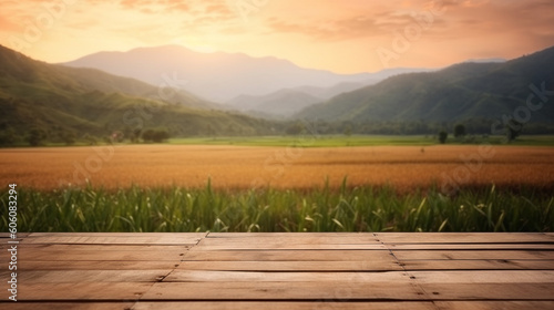 Wooden table in front of blurred rice field and mountains on sunrise. Generative AI Image