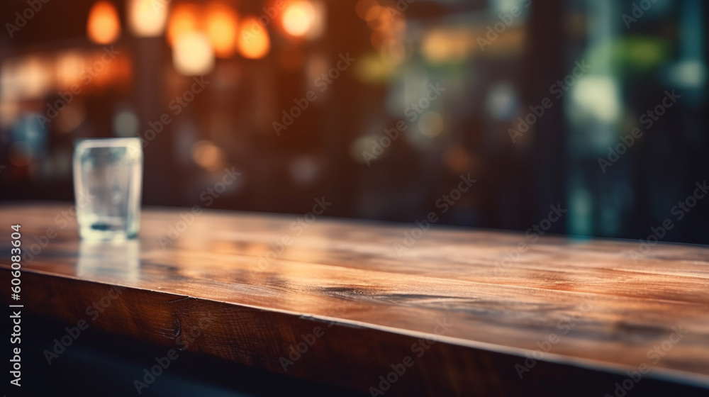Empty wood table top on blured background of bar. Generative AI Image