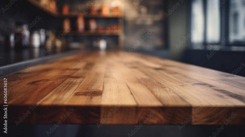 Empty wood table top on blured background of bar. Generative AI Image Empty wood table top on blured background of bar. Generative AI Image
