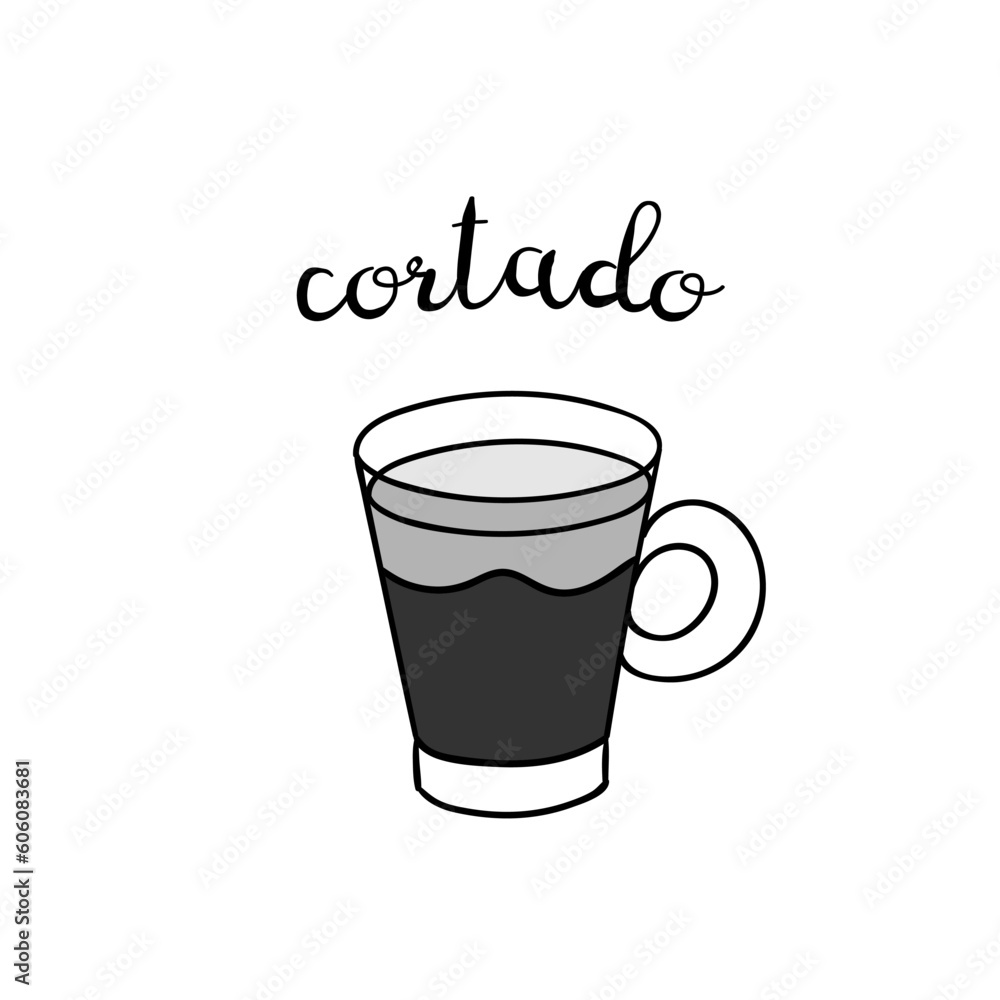 Hand drawn cortado coffee cup with lettering. Vector doodle illustration isolated on white. Perfect for menu designs for cafes, restaurants, coffeehouses and coffee shops. Hand drawn cortado coffee cup with lettering. Vector doodle illustration isolated on white. Perfect for menu designs for cafes, restaurants, coffeehouses and coffee shops.