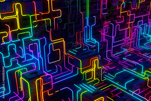 Colourful abstract neon line art black background