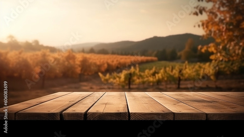 Wooden table in front of blurred toscana vineyard grape field. Generative AI Image © Анастасия Каргаполов