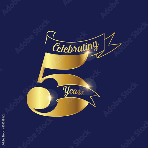 Five years anniversary retro vector emblem isolated template. Vintage logo fifth 5th years with ribbon and on navy-blue  background