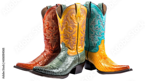 a top view multi-colored Cowboy boots, western wear, Western-themed,  photorealistic illustrations in PNG. cutout, isolated. Generative AI © Purple Penguin GFX