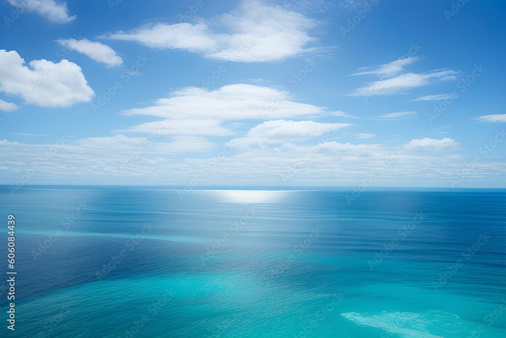 Obraz premium 海の水面に日光が輝く、空は美しい雲と青空