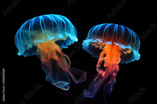 Neon blue orange jellyfish studio shot black background © sam