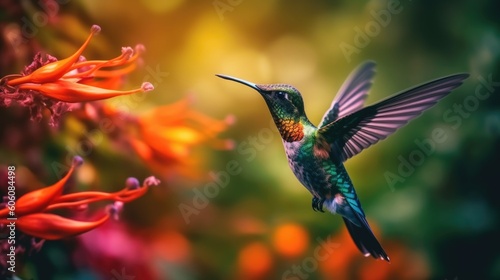 Ein schöner, bunter Kolibri fliegt vor einer orangefarbenen Blume, Generative AI © Jennifer