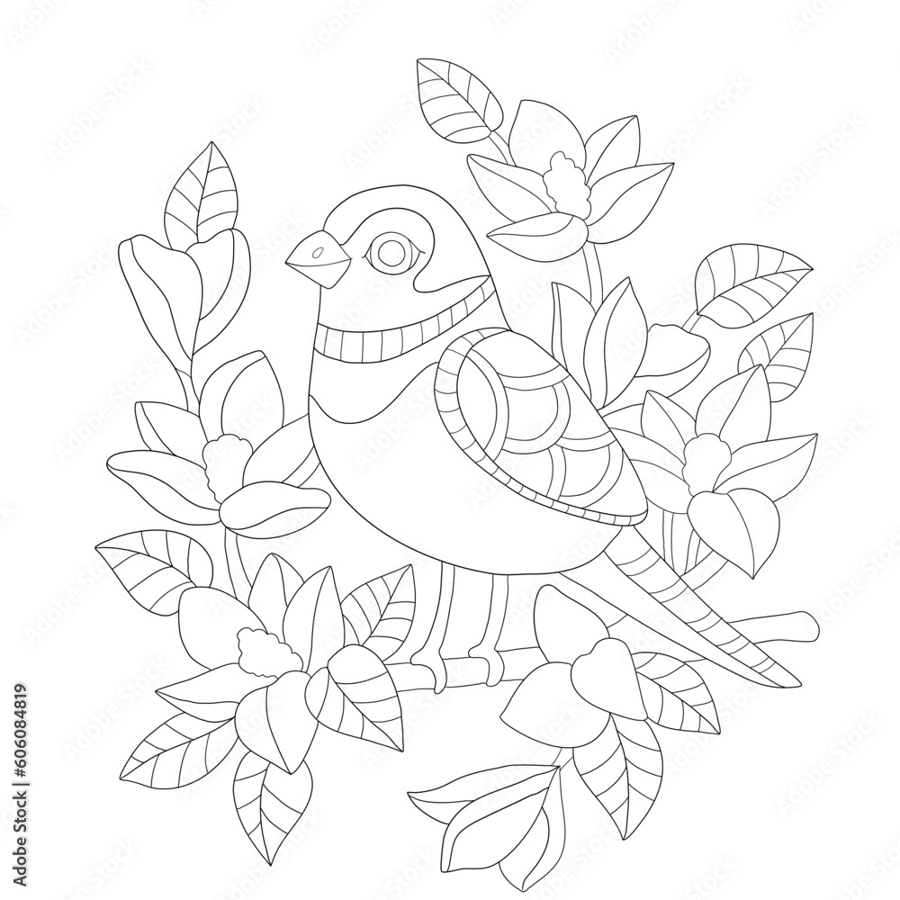 coloring book with a little bird among flowers and leaves coloring book with a little bird among flowers and leaves