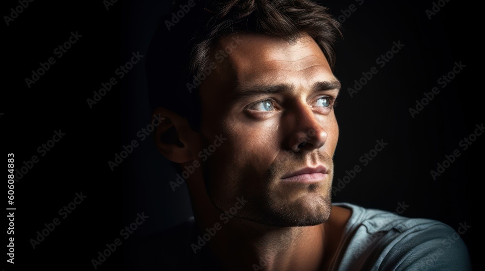 Close-Up Portrait of a Fictional Handsome Man Isolated on a black background. Generative AI illustration. Close-Up Portrait of a Fictional Handsome Man Isolated on a black background. Generative AI illustration.