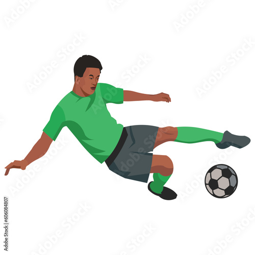 South African Football player in a green sports uniform jumps to hit the ball