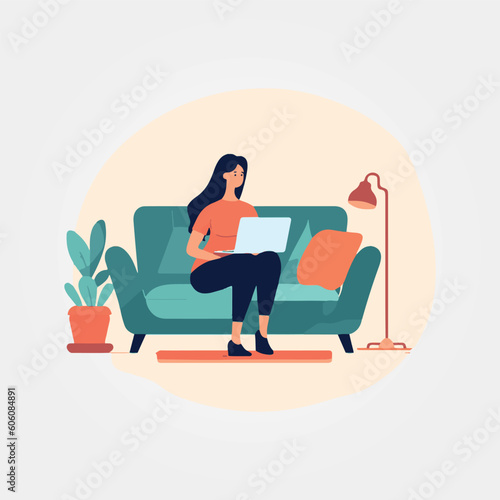 woman sitting on sofa relaxed working on laptop, vector illustration