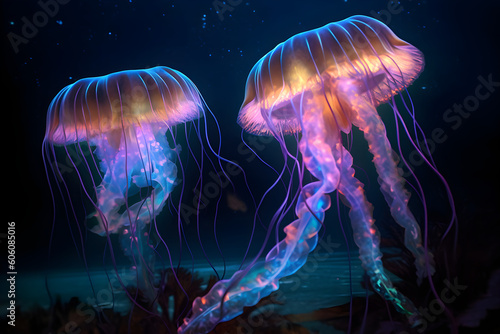 Neon glowing jellyfish deep sea underwater seafloor © sam