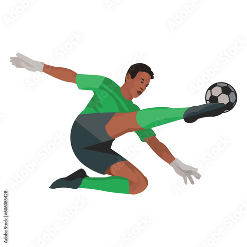 Nigerian football goalkeeper in green sports gear kicks the ball with his foot