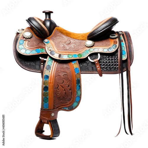 a Western saddle with various color and style appointments, Western-themed, photorealistic illustrations in a PNG, cutout, and isolated. Generative AI photo