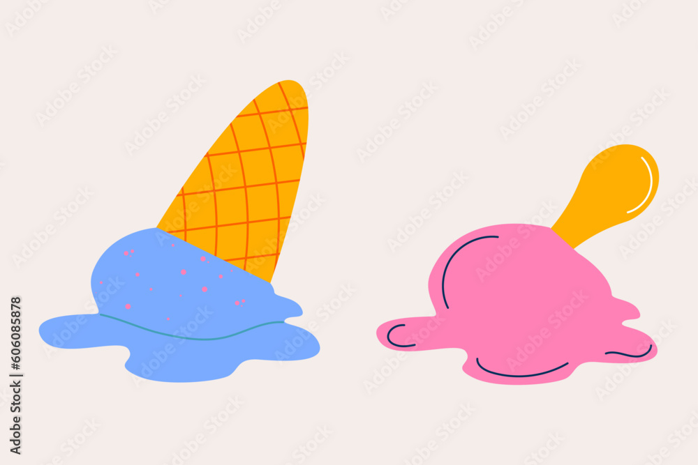 Hand drawn ice cream melted in an upside down flat design. Ice cream falling on the floor Hand drawn ice cream melted in an upside down flat design. Ice cream falling on the floor