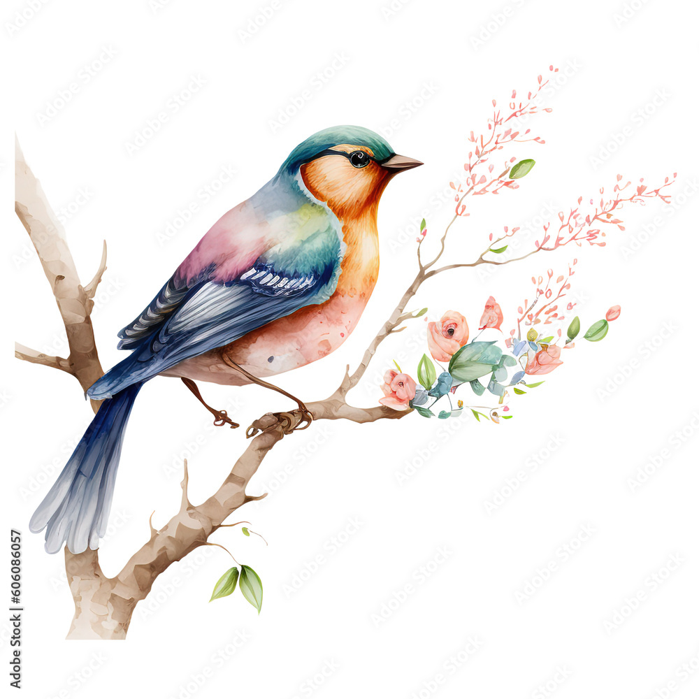 Beautiful Watercolor birds on branches created using artificial intelligence (AI)