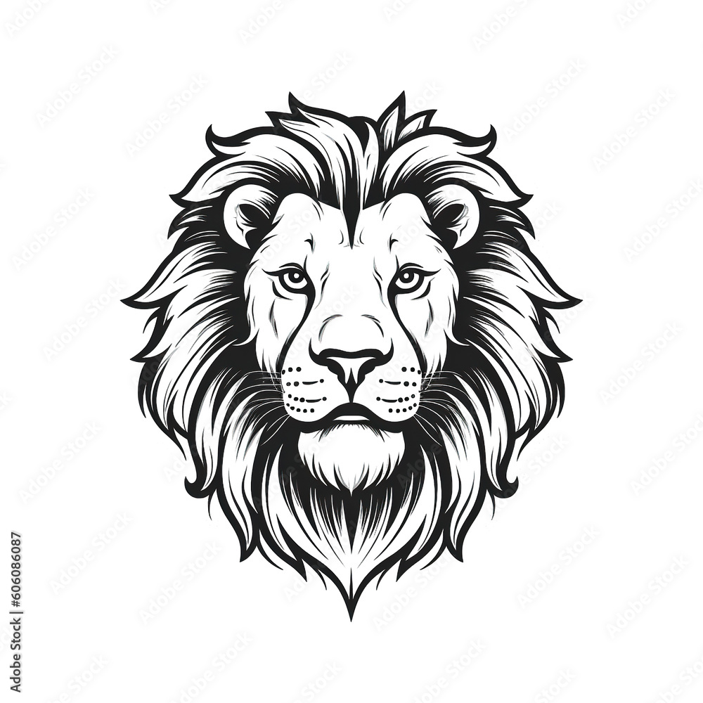 Obraz premium Lion head, cartoon style, black and white color, minimalist, isolated PNG white background