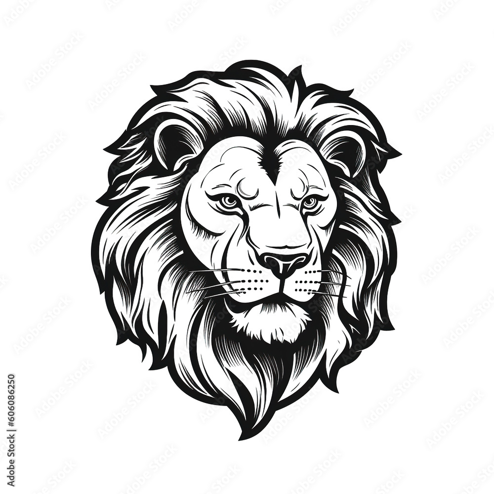 Lion head, cartoon style, black and white color, minimalist, isolated PNG white background Lion head, cartoon style, black and white color, minimalist, isolated PNG white background