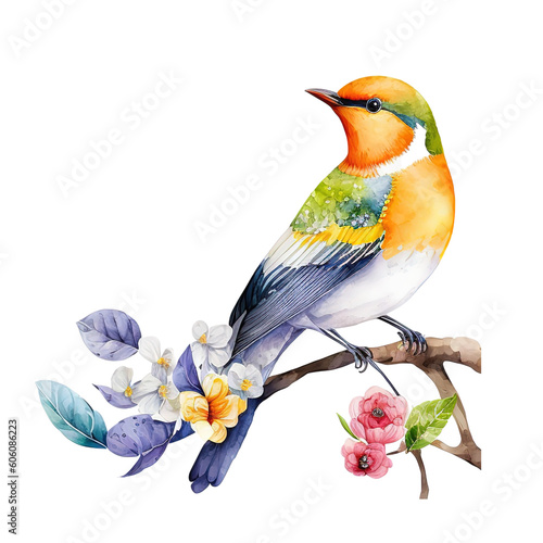 Beautiful Watercolor birds on branches created using artificial intelligence (AI)