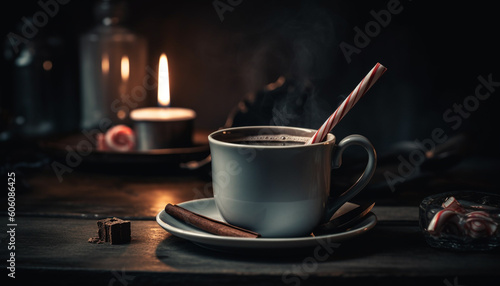 Gourmet coffee in rustic mug on wood generated by AI