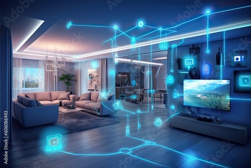 Interior of  AI augmented reality smart home, Modern smart home components management system, Generative AI photo