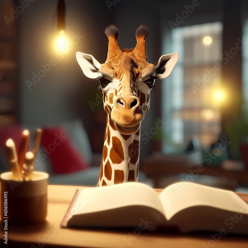 3d render of giraffe reading book,Generative AI © sv3d
