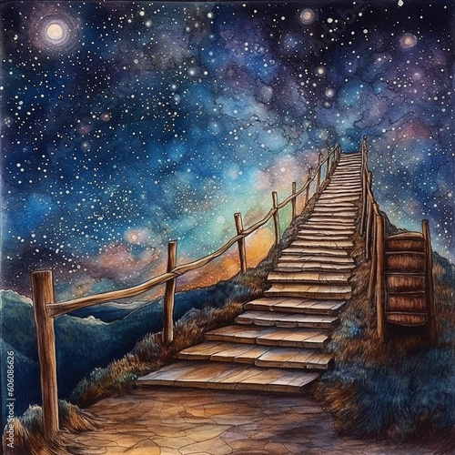 dreamy stairway to deep space , watercolor illustration style, generative ai