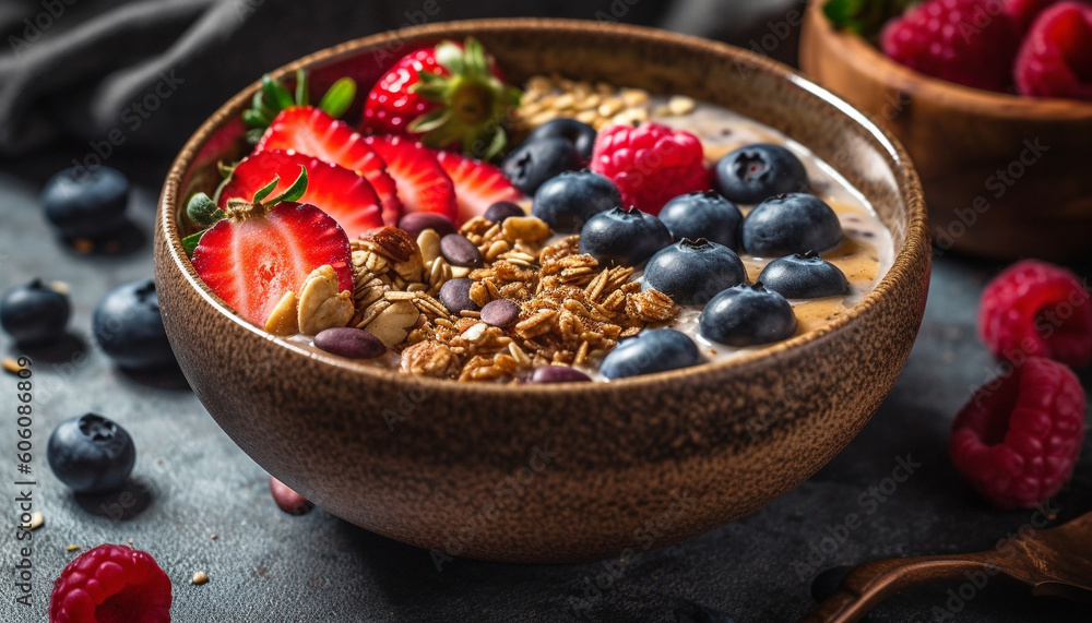 Fresh berry bowl blueberry, raspberry, granola, yogurt generated by AI Fresh berry bowl blueberry, raspberry, granola, yogurt generated by AI