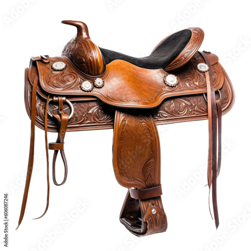 an authentic Western saddle with Latigo leather and various color, style, and appointments, Western-themed, photorealistic illustrations in a PNG, cutout, and isolated. Generative AI