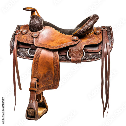 an authentic Western saddle with Latigo leather and various color, style, and appointments, Western-themed, photorealistic illustrations in a PNG, cutout, and isolated. Generative AI