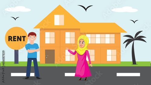 House Rent Discussion Between Landlord and Tenant Graphical Illustration 