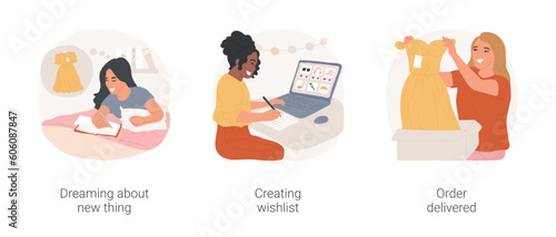 Shopping wishlist isolated cartoon vector illustration set. Girl dreaming about new clothes, creating wishlist, adding items to cart online, order delivered, unboxing parcel vector cartoon.