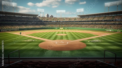 Imagine standing midfield on a game-ready green field in a baseball stadium, the air thick with anticipation for the unfolding action. Made by AI