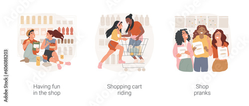 Fun in a grocery store isolated cartoon vector illustration set. Having fun in the shop, teenage couple eating junk food in supermarket, friends riding shopping cart, store pranks vector cartoon.