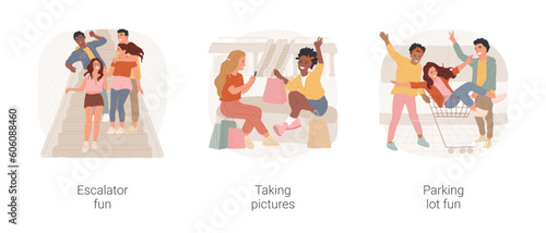 Hanging out in a shopping mall isolated cartoon vector illustration set. Teens having fun at mall escalator, making selfie on bench, teenage friends riding cart on parking lot vector cartoon. © Vector Juice