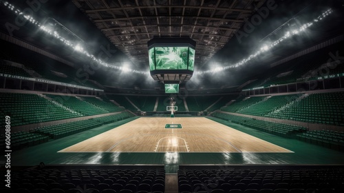Experience the electric buzz at midfield in a game-ready basketball stadium, the court pulsating with the excitement of the impending game. Created by AI.