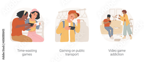 Smartphone and tablet games isolated cartoon vector illustration set. Time-wasting gaming, play on smartphone on public transport, video game addiction, exited player at home vector cartoon.