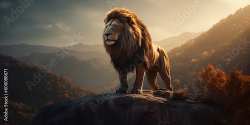 Lion on a rock in the background of wildlife  King of beasts at sunset  copy space. generated ai