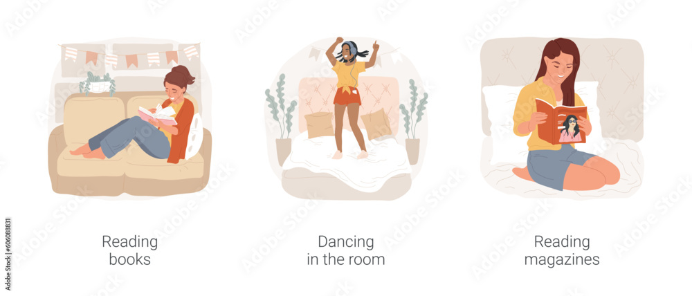 Leisure time at home isolated cartoon vector illustration set. Teenage girl reading book in bedroom, dancing in the room with posters, reading magazines, spending free time at home vector cartoon.