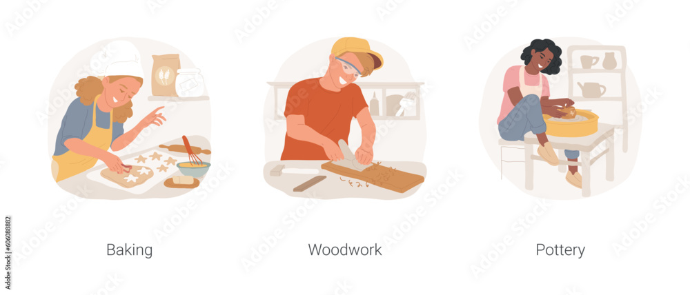 Hands-on hobby isolated cartoon vector illustration set. Teenage girl wearing apron and baking in kitchen, teen boy carpenter making woodwork project, working on potters wheel vector cartoon. Hands-on hobby isolated cartoon vector illustration set. Teenage girl wearing apron and baking in kitchen, teen boy carpenter making woodwork project, working on potters wheel vector cartoon.