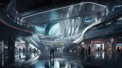 Visualize a design concept featuring a futuristic shopping mall interior; a blend of advanced architecture, tech, and aesthetics. Conceived by AI
 photo