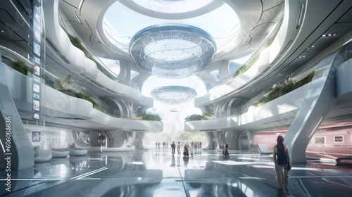 Visualize a design concept featuring a futuristic shopping mall interior; a blend of advanced architecture, tech, and aesthetics. Conceived by AI photo