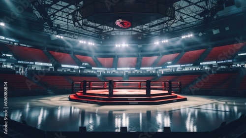 Admire an MMA stadium primed for action, the fight ring echoing anticipation for the gripping boxing match, a revered sport de combat. Curated by AI. © qntn