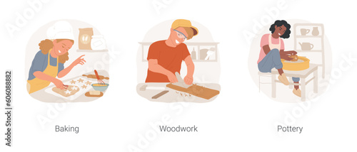 Hands-on hobby isolated cartoon vector illustration set. Teenage girl wearing apron and baking in kitchen, teen boy carpenter making woodwork project, working on potters wheel vector cartoon.
