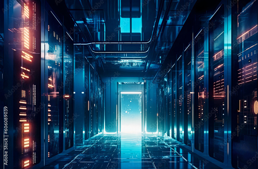 Server racks in server room data center. Generative AI Server racks in server room data center. Generative AI