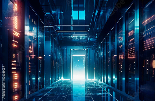 Server racks in server room data center. Generative AI