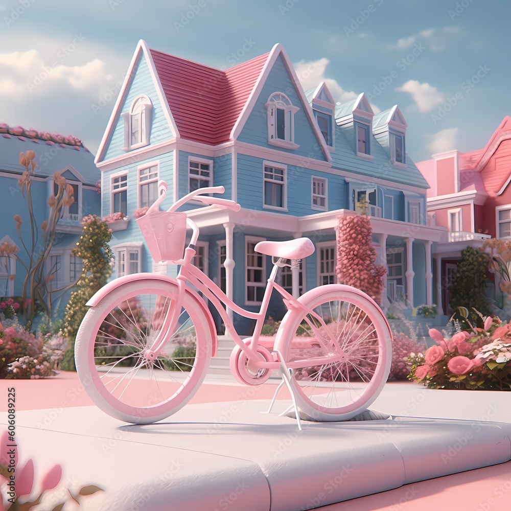 3d render of pink bike in small town,Generative AI